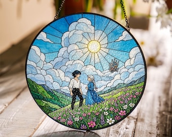 Atrapasueños de castillo volador de vidrieras, colgante de ventana con paisaje de pradera, arte en vidrio de mago y niña