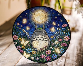 Vitral decorativo com flor e lua do Totoro, estilo anime, para pendurar na janela.