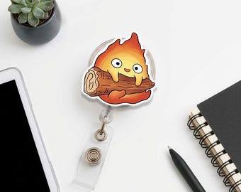 Porta-crachá retrátil Espírito do Fogo, porta-identificação com personagem de chama, clipe retrátil, acessório de desenho animado.