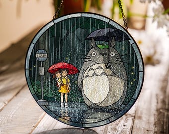 Apanhador de Sol de Vidro com Cena de Chuva do Espírito da Floresta, Arte de Ponto de Ônibus do Totoro, Presentes Decorativos Ghibli