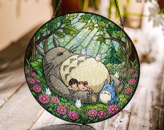 Atrapasueños de vidrieras Espíritu del Bosque, Arte para ventana de Totoro durmiente, Decoración floral de vidrio con temática de bosque