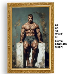 Pode incluir: Uma impressão de arte digital emoldurada com uma pessoa musculosa de calções cinzentos, sentada num bloco branco. A obra de arte tem uma moldura dourada ornamentada e inclui texto: 2:3, 3:4, 4:5, 11"X14", A1, DOWNLOAD DIGITAL, 300 DPI. O fundo é verde.