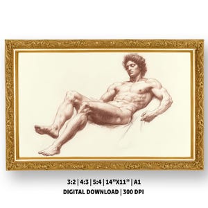 Renaissance Male Figure Charcoal Drawing: Vintage Style Art Print (Digital Download)