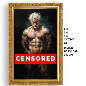 Może przedstawiać: Oprawiony cyfrowy wydruk artystyczny przedstawiający umięśnioną postać z paskiem 'CENSORED'. Grafika jest w złotej ramie i zawiera tekst wskazujący różne proporcje i rozmiary, w tym 28 cm x 36 cm. Pobieranie cyfrowe.