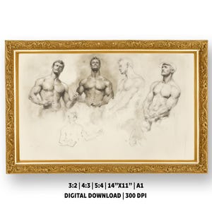 Könnte beinhalten: Ein gerahmter Druck mit einer Bleistiftskizze von vier muskulösen männlichen Figuren. Das Kunstwerk befindet sich in einem goldenen, verzierten Rahmen. Der Druck enthält den Text "3:2 | 4:3 | 5:4 | 35.56cm x 27.94cm | A1 DIGITALER DOWNLOAD | 300 DPI".