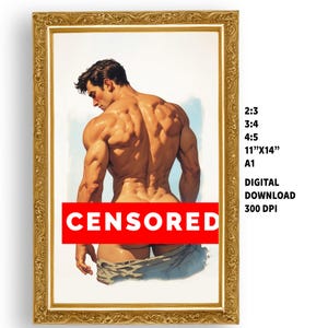 Puede incluir: Una impresión artística digital enmarcada que presenta una figura musculosa con una barra roja "CENSORED". La impresión está en un marco dorado e incluye opciones de relación de aspecto e información de descarga digital.