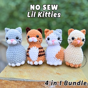 4 in 1 No-Sew Cat Crochet Pattern Bundle | Lil Kitties | Tabby, Solid, Siamese, Calico Cat PDF Patterns
