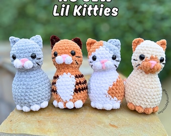 May include: Four crocheted cat figurines in various colors: gray, orange, white, and cream. Each cat has a unique pattern and features black eyes and pink noses. The text "NO SEW Lil Kitties" and "4 in 1 Bundle" are displayed.