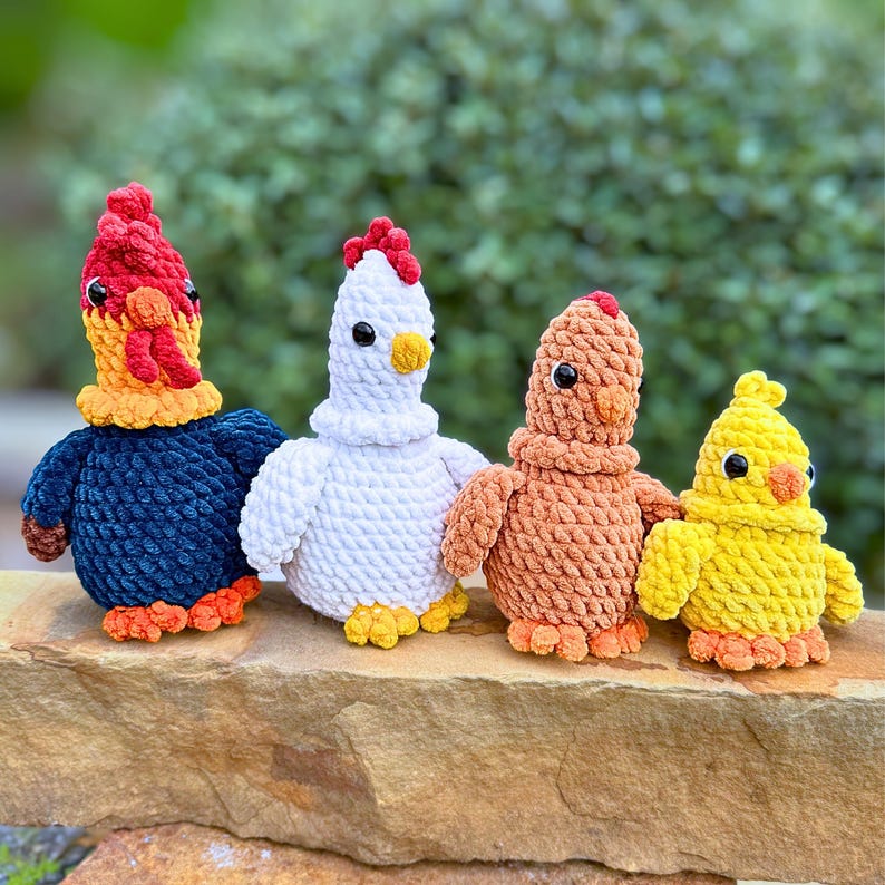 No Sew-gehaakte kippenpatronen: pdf-patronen, 4-in-1-bundel, amigurumi-kippen, haan, kip, hen, kuiken afbeelding 11