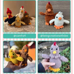 Op de afbeelding: Een collage van gehaakte kippenbeeldjes in verschillende kleuren, waaronder rood, bruin, geel, wit en paars. Elke kip heeft een kenmerkbare kam en snavel. De tekst "Thank you Testers!" staat bovenaan.