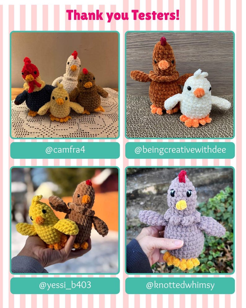 Op de afbeelding: Een collage van gehaakte kippenbeeldjes in verschillende kleuren, waaronder rood, bruin, geel, wit en paars. Elke kip heeft een kenmerkbare kam en snavel. De tekst "Thank you Testers!" staat bovenaan.