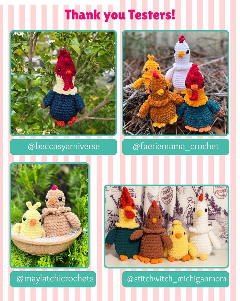 Op de afbeelding: Een collage van gehaakte kippenfiguren in verschillende kleuren, waaronder blauw, bruin, geel en wit. De tekst "Thank you Testers!" staat bovenaan. Elke afbeelding heeft een social media handle eronder.