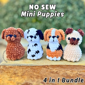 May include: Four crocheted mini puppy figures in various colors: brown, white with black spots, orange and white, and cream with brown accents. The text "NO SEW Mini Puppies" and "4 in 1 Bundle" are displayed above and below the puppies.