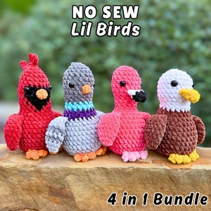 Może przedstawiać: Cztery pluszowe zabawki w kształcie ptaków. Czerwony kardynał, szary gołąb, różowy flaming i brązowy orzeł. Tekst "NO SEW Lil Birds" znajduje się na górze, a "4 in 1 Bundle" na dole.
