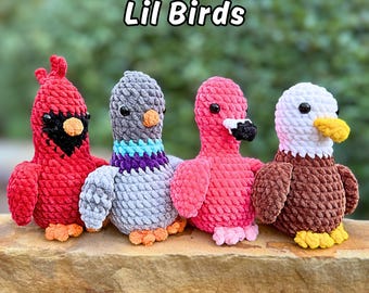 No-Sew Crochet Bird Patterns: PDF Patterns, 4-in-1-Bundle, Taube, Kardinal, Flamingo, Adler