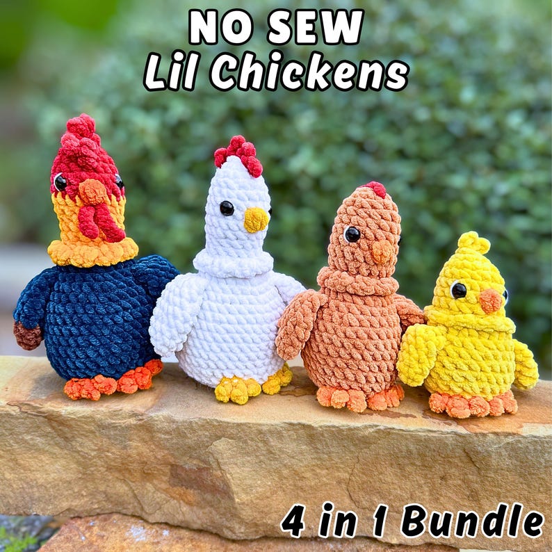 Chicken crochet pattern bundle, amigurumi farm animal set, no sew mini chickens crochet pattern, 4 in 1 bundle, cute hen and rooster plush patterns, beginner friendly crochet PDF, small plush animals instant download