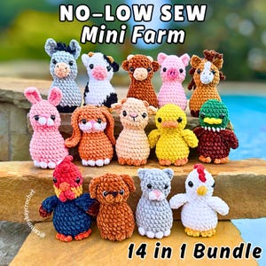 May include: A set of 14 crocheted farm animal toys, including a donkey, cow, pig, horse, rabbit, duck, and others. The toys are in various colours and arranged on a stone surface. Text reads "NO-LOW SEW Mini Farm 14 in 1 Bundle."