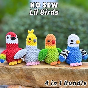 No-Sew Bird Crochet 4-in-1 Pattern Bundle: Parrot Macaw,  Budgie, Cockatiel, Lovebird