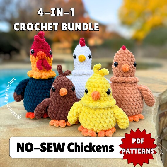 4in1 No Sew Chickens Crochet Pattern Bundle | Sittin Pretty Lil Chickens | Rooster, Hen, Young Chicken "Pullet", Baby Chick Patterns