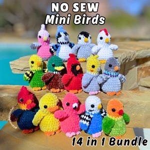 May include: A collection of 14 small, crocheted plush birds in various colours including pink, blue, white, yellow, green, brown, red, and grey. The text NO SEW Mini Birds and 14 in 1 Bundle is visible. Each bird features black eyes and small wings.