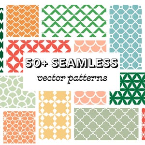Op de afbeelding: Een verzameling van meer dan 50 naadloze vectorpatronen in verschillende kleuren en ontwerpen. De patronen omvatten geometrische vormen, bloemmotieven en abstracte ontwerpen in tinten groen, oranje, rood en blauw.