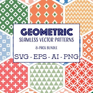 May include: A colorful geometric pattern design featuring various shapes and colors, including green, orange, and blue. The image includes the text "GEOMETRIC SEAMLESS VECTOR PATTERNS 8-PACK BUNDLE SVG - EPS - AI - PNG" in a white rectangle.