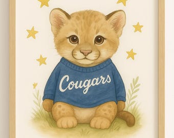 Lámina infantil de puma: Arte mural universitario estilo acuarela (descarga digital)