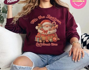 Vrolijk en helder sweatshirt met kerstmanvrachtwagen, gezellige kersttrui met ronde hals, vintage vakantietrui, leuke winteroutfit, kerstcadeau