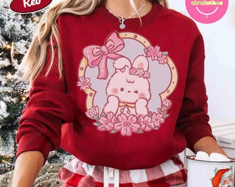 Kawaii Rosa Häschen Sweatshirt, süßer Blumenhäschen Pullover, Pastell ästhetischer Pullover, gemütliches Kawaii Geschenk für Mädchen, süßer Winterpullover