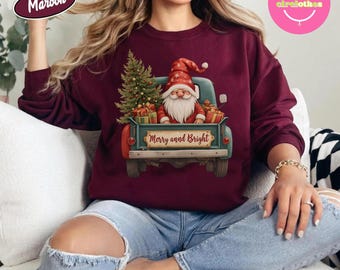 Vrolijk en helder sweatshirt met kerstmanvrachtwagen, gezellige kersttrui met ronde hals, vintage vakantietrui, leuke winteroutfit, kerstcadeau
