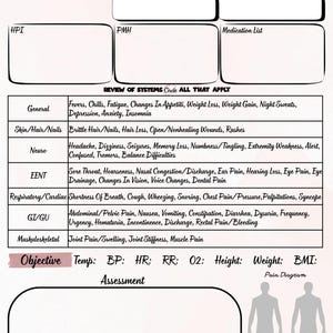 Może przedstawiać: Szablon karty medycznej z sekcjami na dane pacjenta, główną skargę i przegląd systemów. Zawiera pola na dane subiektywne i obiektywne, funkcje życiowe oraz diagram bólu. Przeznaczony do dokumentacji klinicznej.
