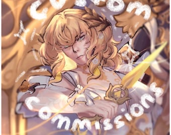 May include: Digital art illustration of a character with blonde hair, wearing a white and gold outfit, holding a golden sword. The image has the text "Custom Commissions" in a white, handwritten font, overlaid on the image.