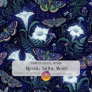Peut inclure: Un motif numérique sans couture avec un fond bleu foncé, des fleurs blanches, des papillons colorés et des champignons. Le texte "Mystic Night Moth" est affiché, avec "Unlimited commercial use" et des dimensions de 42.4x42.4 cm.