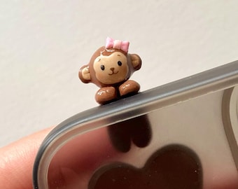 Handmade Custom Monkey Hipper, Hand Sculpted Polymer Clay Phone Charm Accessory, Kawaii Animal Laptop Decor