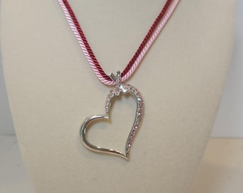 Handmade Vintage Charm Necklace Silver Heart With Pink Stones Restored Jewelry Valentines Sweetheart