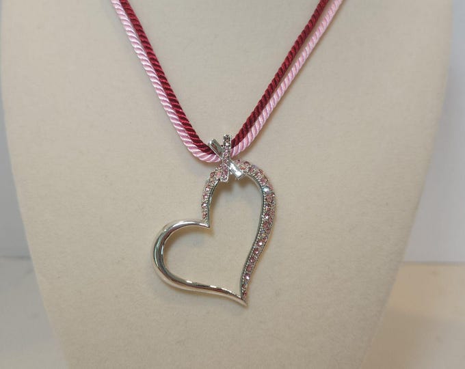Handmade Vintage Charm Necklace Silver Heart With Pink Stones Restored Jewelry Valentines Sweetheart