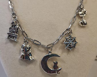 Halloween Silver Charm Necklace Moon Cat Ghost Spider