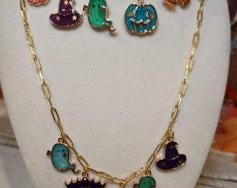 Halloween Charm Necklace & Charm Bracelet Set Handmade Gold-Plated Purple Pink Orange Green. Necklace 20 in. adjustable Bracelet 7 in.