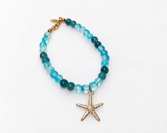 glass beaded gold starfish bracelet blues & teals stretchy