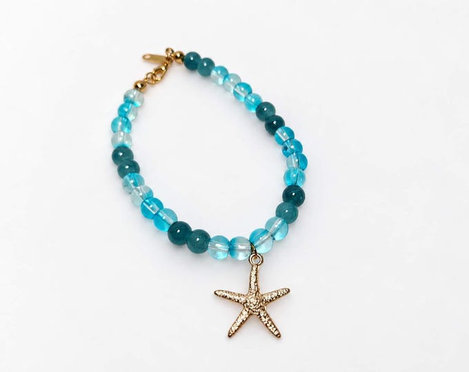 glass beaded gold starfish bracelet blues & teals stretchy