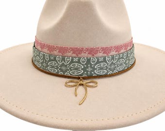 Rancher Hat with Charm Hat Band Cream Boho Cowboy Cowgirl Vegan Suede One Size