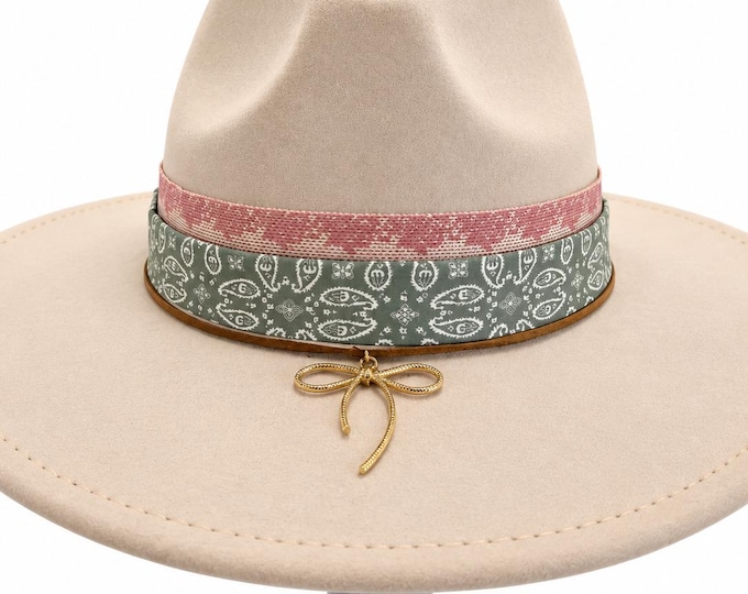 Rancher Hat with Charm Hat Band Cream Boho Cowboy Cowgirl Vegan Suede One Size