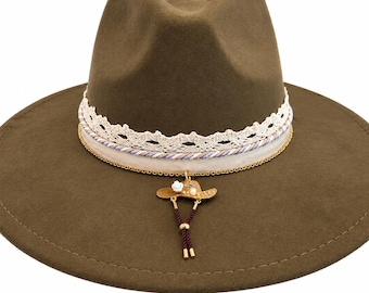 Rancher Hat Olive Green Charm Hat Band Boho Cowboy Cowgirl Style Vegan Suede