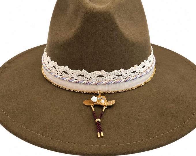 Rancher Hat Olive Green Charm Hat Band Boho Cowboy Cowgirl Style Vegan Suede