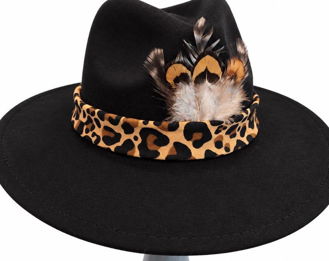 Rancher Hat Black Cheetah Band Feathers – Boho Cowboy Cowgirl Style Vegan Suede