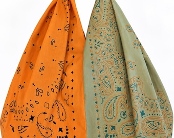 Knotted Bandana Hobo Bag: Two-Tone Green & Orange Paisley Tote (18" x 16")