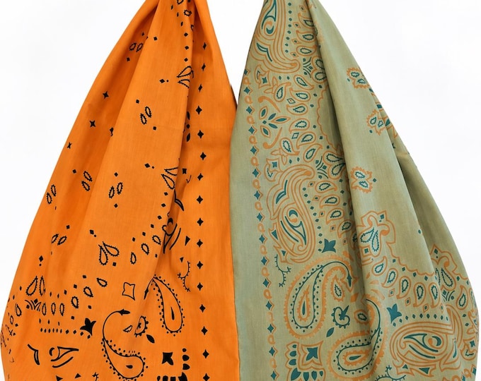 Knotted Bandana Hobo Bag: Two-Tone Green & Orange Paisley Tote (18" x 16")
