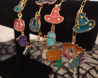 Halloween charm bracelet ghost witches hat gold paperclip chain pink, purple green orange