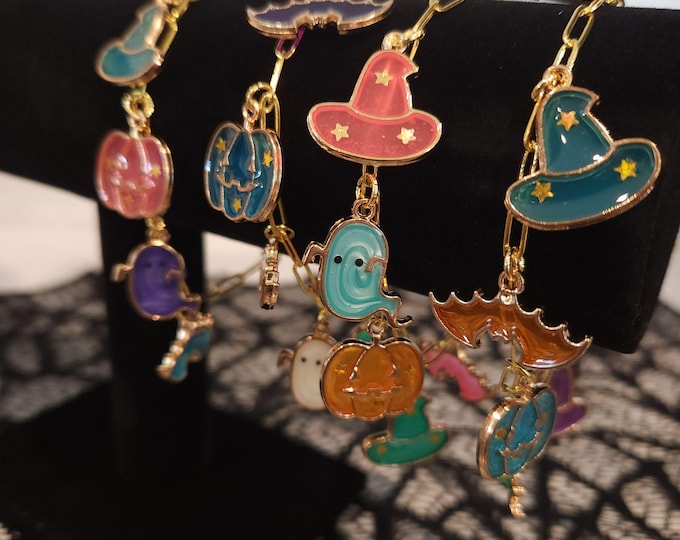 Halloween charm bracelet ghost witches hat gold paperclip chain pink, purple green orange