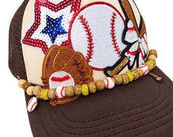 Baseball Lets Go Padres Trucker Hat Snap Back Brown Stars & Bows